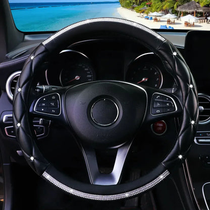 1 Stereo Leather Inset Faux Diamond Flash Blingbling Car with Inner Ring Steering Wheel Cover for 14.5-15 Inch Car Accessories - Urbizia