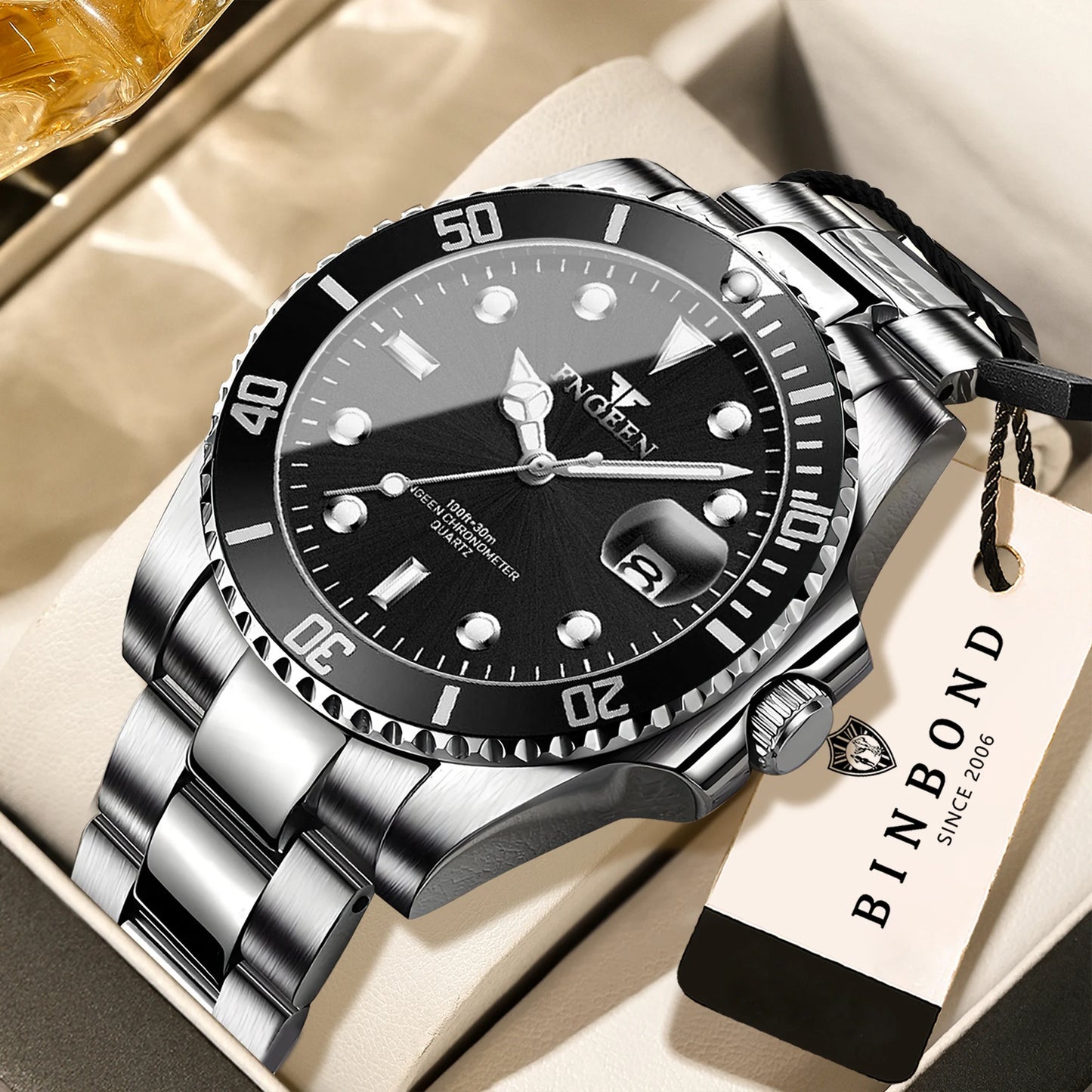 BINBOND Durable Stainless Steel Strap Precise Quartz Wristwatches for Men Luxury Luminous Waterproof Auto Date Men's Watch Reloj