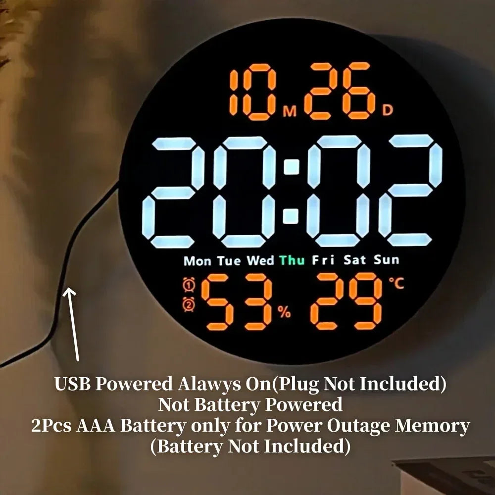10 Inch Remote Control Digital Wall Clock Temperature Humidity Date Week Timing Countdown 2 Alarm Auto Dimmer LED Alarm Clock - Urbizia
