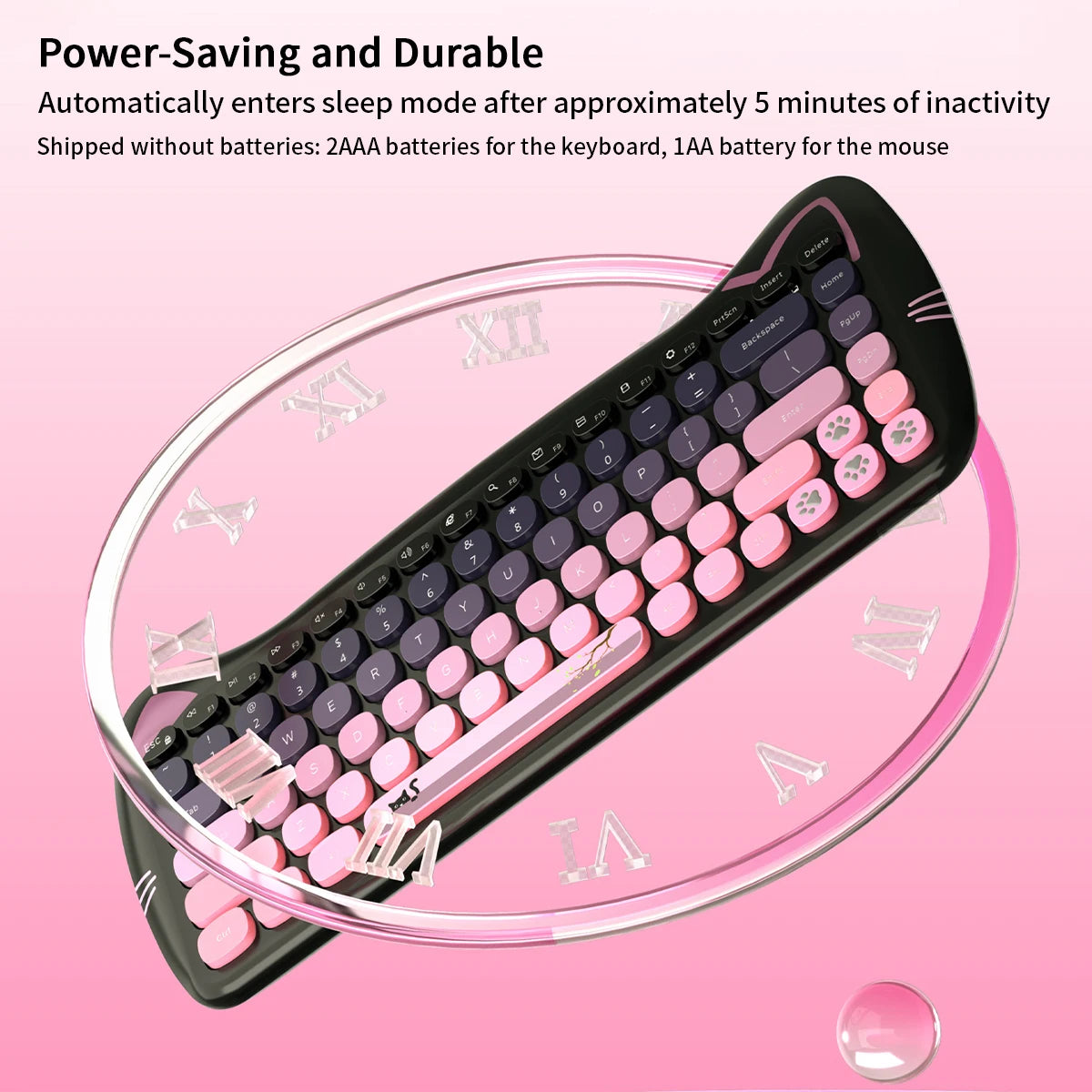 GEEZER Wireless Connection Cute Cat Shape Mixed Color Keycaps Ergonomic Cute Cat Style Keyboard Mouse Set