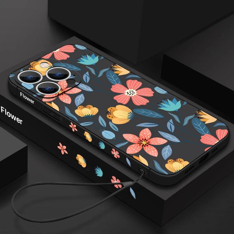 Flowers Soft Silicone Lanyard Case For iPhone 17 16e 15 16 Pro Max 12 13 14 11 Pro Max 17e Shockproof Bumper Strip Phone Cover