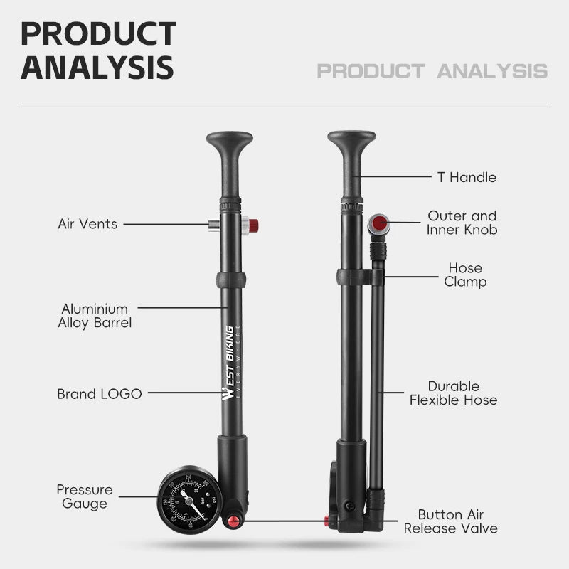 WEST BIKING 400PSI Bicycle Air Pump High Pressure MTB Bicycle Pump Front Fork Rear Suspension Pressure Gauge Schrader Valve