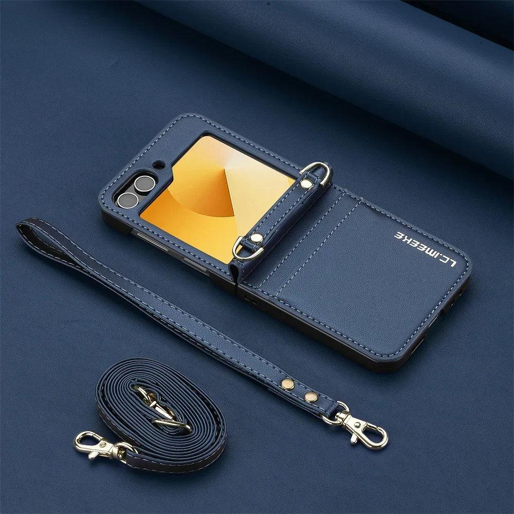 Wallet Crossbody Phone Case For Samsung Galaxy Z Flip 7 FE 6 5 4 3 Flip6 Flip7 5G with Card Holder Wrist Strap Lanyard Leather