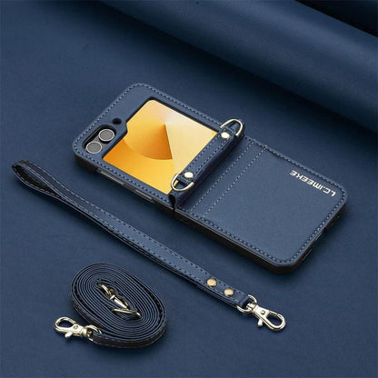 Wallet Crossbody Phone Case For Samsung Galaxy Z Flip 7 FE 6 5 4 3 Flip6 Flip7 5G with Card Holder Wrist Strap Lanyard Leather
