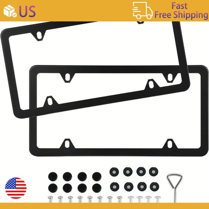 2 Pcs Stainless Steel US-Spec License Plate Frame with Square Holes and Slim Edges Includes Accessory Screws and Wrench US size