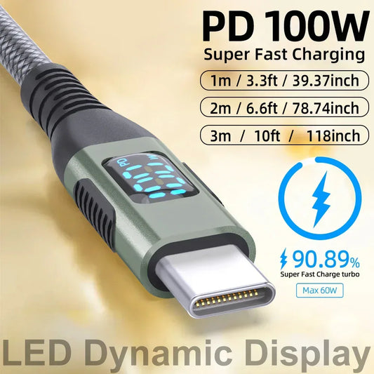 100W USB C to USB C Cable Type C PD 5A FastCharging for LED Display Nylon Braided charger Cord for iPhone16 15 MacBook iPad - Urbizia