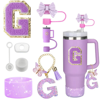 8PCS Accessories Set for Stanley Cup Purple 30oz 40oz tumbler Silicone Straw Topper Cover Cap Boot Handle Charm Initials Sticker