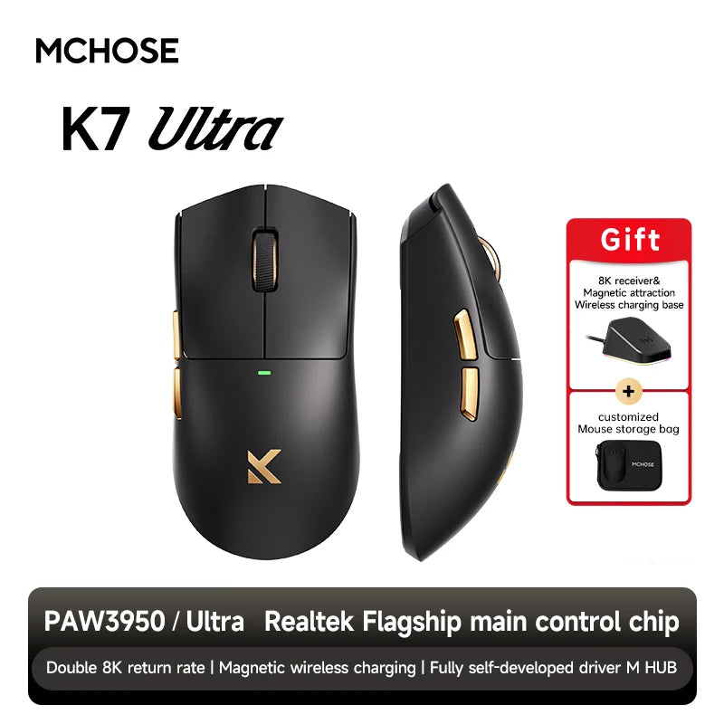 MCHOSE K7 Ultra Wireless Gaming Mouse PAW3950 Dual 8K Polling Rate Lightweight Magnetic Wireless Charging Dock Esports Office