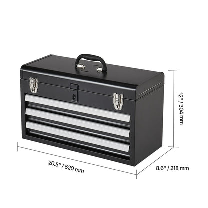SucceBuy 20in 3-Drawer Metal Tool Box Black/Red Tool Chest with EVA Liners Multifunction Tool Organizer for Garage & Workshop