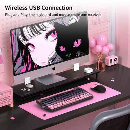 GEEZER Wireless Connection Cute Cat Shape Mixed Color Keycaps Ergonomic Cute Cat Style Keyboard Mouse Set