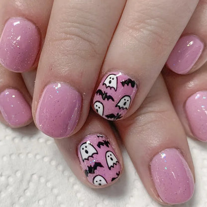 24Pcs Halloween Spider Print False Nails – Gothic Short Round Press-on Nail Tips for Women