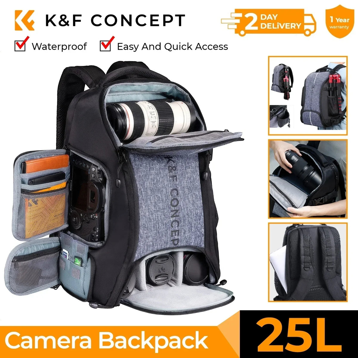 K&F CONCEPT 25L Camera Backpack Waterproof Sony Camera Bag for DSLR/SLR Camera Case with Tripod Strap Rain Cover for 15" Laptop