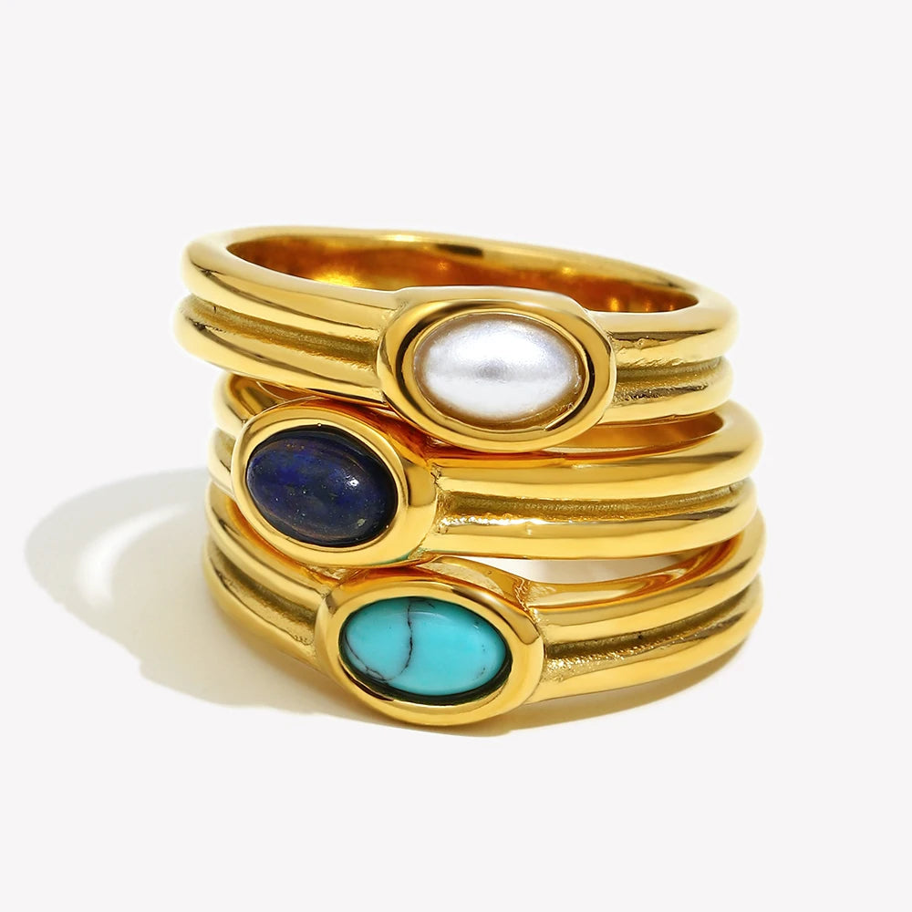 E.B.belle Females Y2K Accessories Natural Stone Lapis Turquoise Pearl Paved Stainless Steel Non Tarnished Rings For Woman