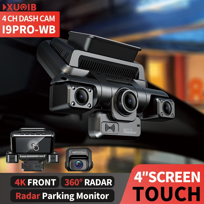 XUOIB I9pro-WB 4CH 360° Dash Cam 4K with 4'' Touch Screen Dash Car Camera 24H Parking Mode WiFi GPS Car DVR 8 IR Night Vision