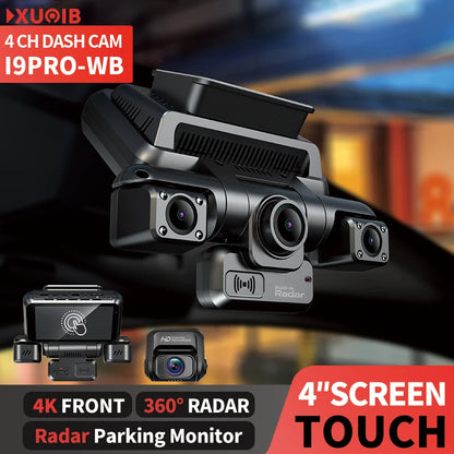 XUOIB I9pro-WB 4CH 360° Dash Cam 4K with 4'' Touch Screen Dash Car Camera 24H Parking Mode WiFi GPS Car DVR 8 IR Night Vision