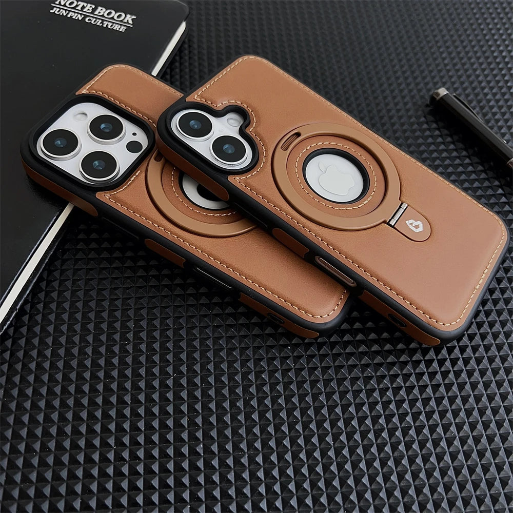 Luxury Leather Metal Magnetic Ring Stand Magsafe Case For iPhone 17 16 15 14 13 12 Pro Max Plus 17Air Business Hollow Logo Cover