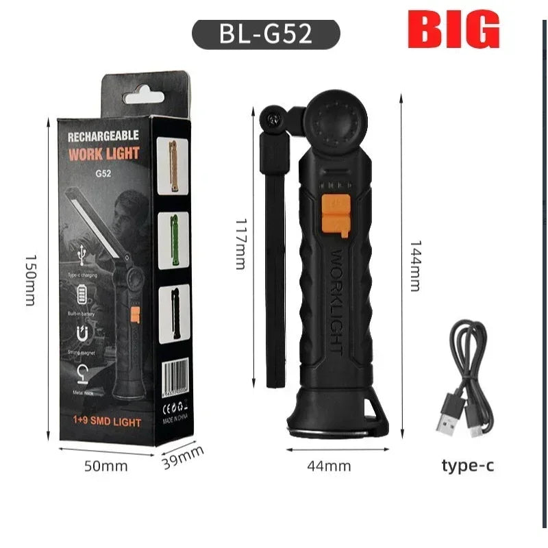 Rechargeable LED COB Work Light USB Magnetic Inspection Torch with Hook Dimmable Flashlight for Car Repair Camping 18650