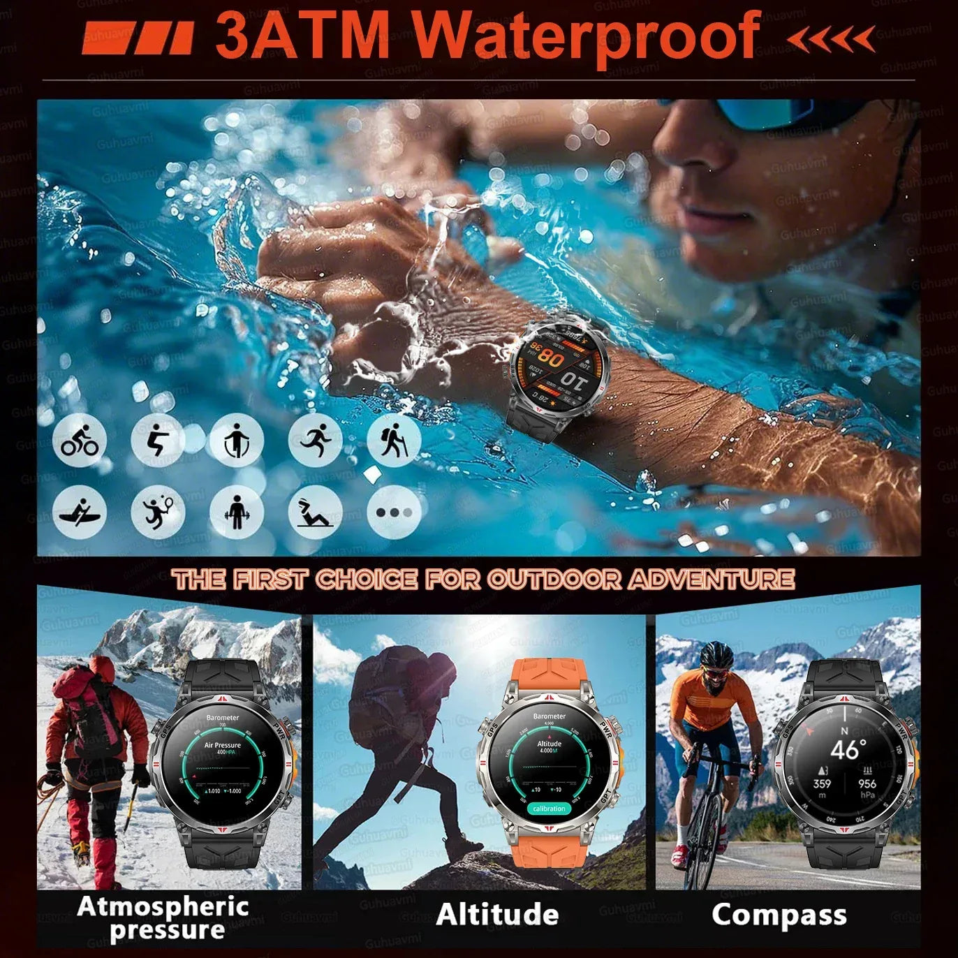 Military Grade Smart Watch Men GPS Compass Altimeter Clock 1.56" AMOLED 5ATM Waterproof Sport Fitness Tracker BT Call Smartwatch - Urbizia
