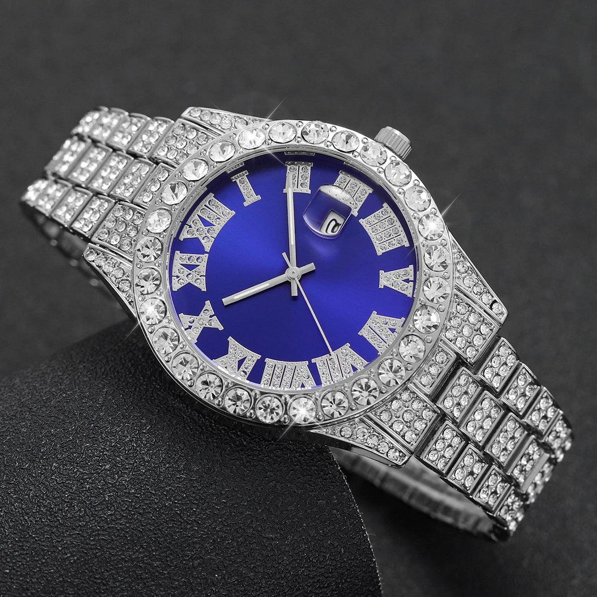 Luxury Full Diamond Men Calendar Quartz Watch Fashion Stainless Steel Band Male Quartz Wristwatches Date Clock Reloj Hombre