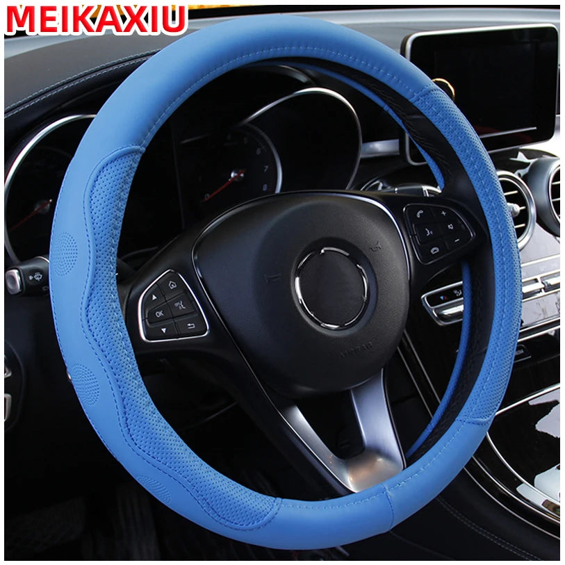 PU fiber leather embossed car has an inner ring steering wheel cover suitable for 14.5 - 15 inch round car decorations.