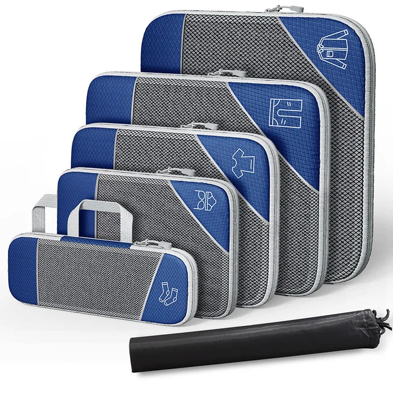 6PCS Travel Compressed Packing Cubes Storage Organizer Set With Shoe Bag Mesh Visual Luggage Portable Lightweight Suitcase Bag