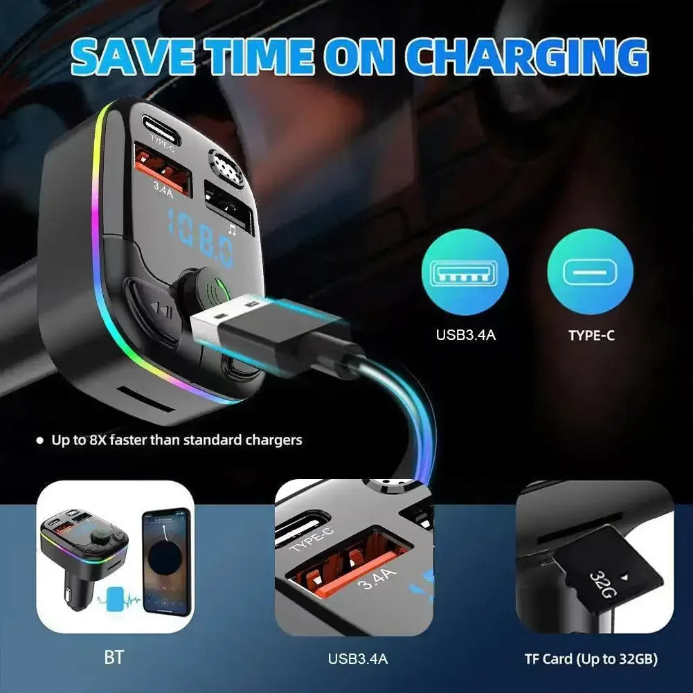 Car Charger FM Transmitter Bluetooth 5.0 PD Type-C Dual USB Ambient Player Handsfree MP3 Charger Type-C Wireless Light - Urbizia