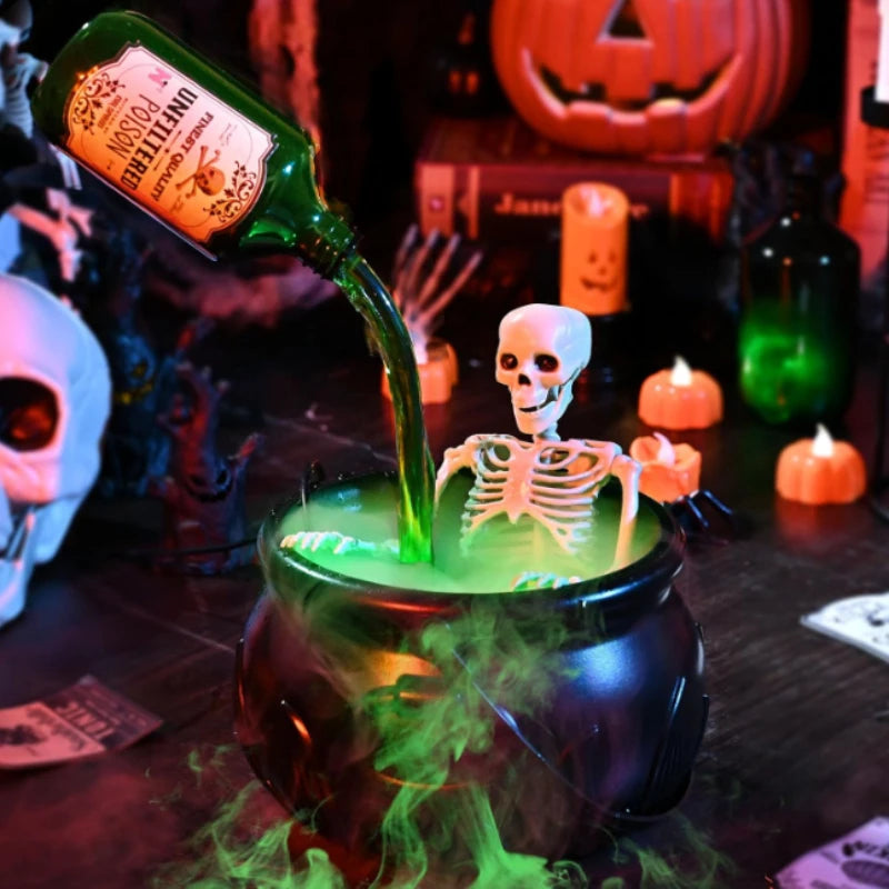 Halloween Cauldron Decoration – Floating Wizard Bowl with Fog & Skeleton Props