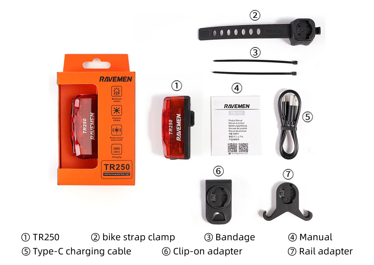 RAVEMEN TR250 Bike Rear Light Rechargeable Bicycle Taillight Lamp With ABM07 Mount Brake Sensor Auto on-off 250 LED lumens IPX6