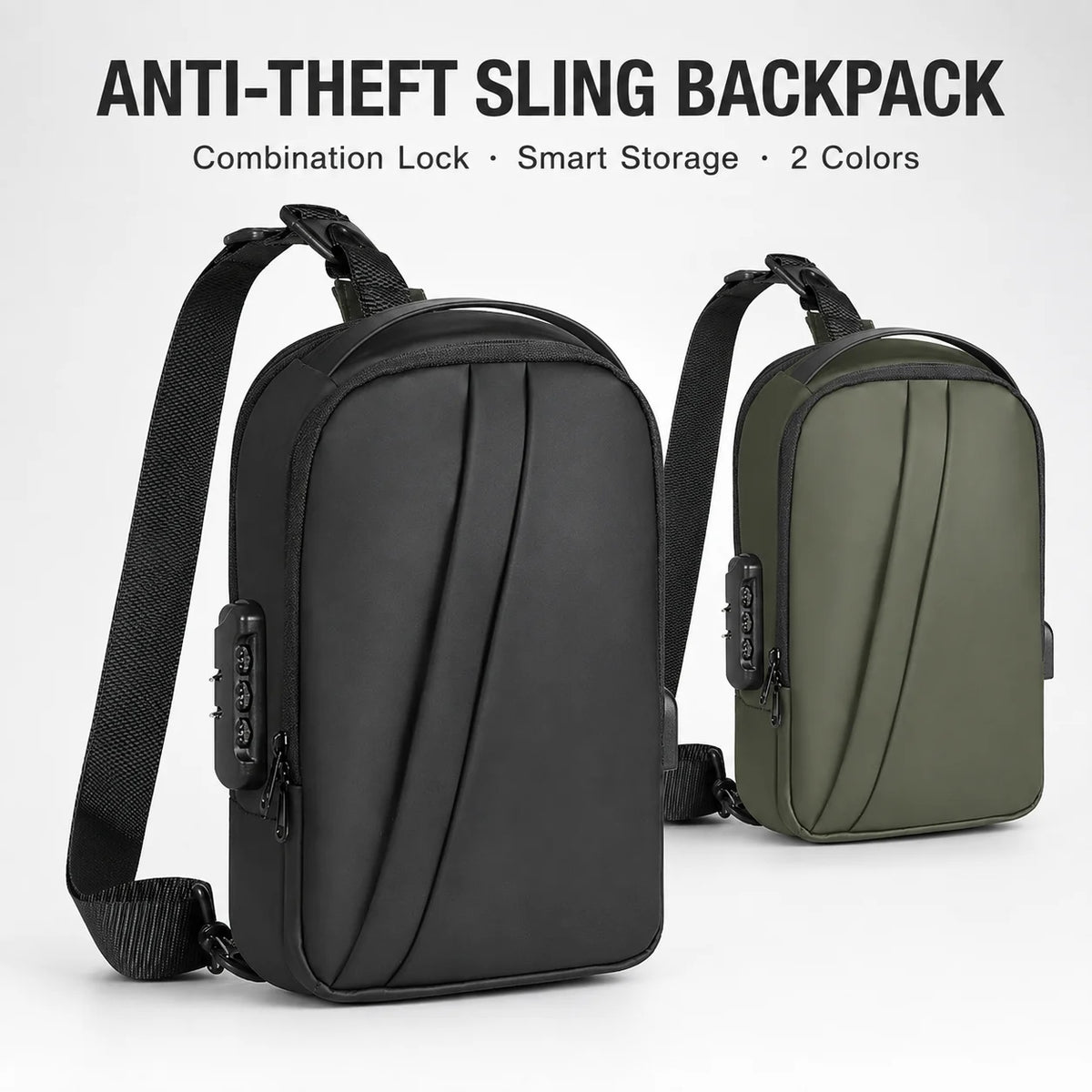 Men Anti Theft Sling Backpack with Combination Lock USB Port, Water Resistant Crossbody Chest Bag for Travel and Commuting
