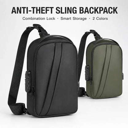 Men Anti Theft Sling Backpack with Combination Lock USB Port, Water Resistant Crossbody Chest Bag for Travel and Commuting