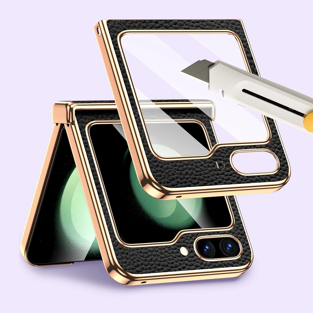 Cowhide Leather Phone Case for Samsung Galaxy Z Flip7 Flip6 Flip 7 FE 6 5 Luxury Hinge Protection Cover with Tempered Glass