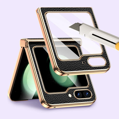 Cowhide Leather Phone Case for Samsung Galaxy Z Flip7 Flip6 Flip 7 FE 6 5 Luxury Hinge Protection Cover with Tempered Glass