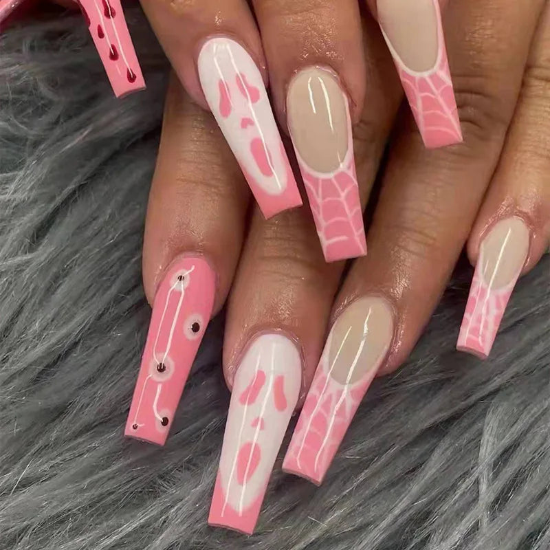 24Pcs Glitter Pink Sequins Fake Nails – Halloween Skull & Love Print Ballet Press-on Nails