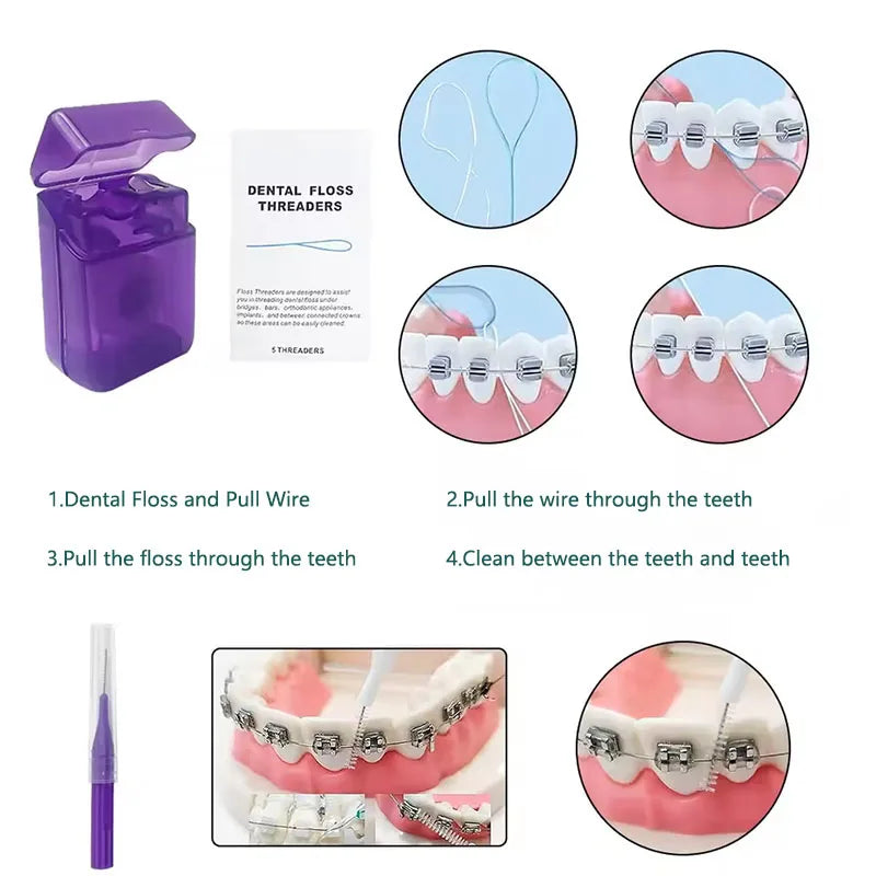8Pcs Orthodontic Dental Care Brush Kit Teeth Cleaning Braces Toothbrush with Interdental Brush Floss Thread Ortho Wax Travel Kit