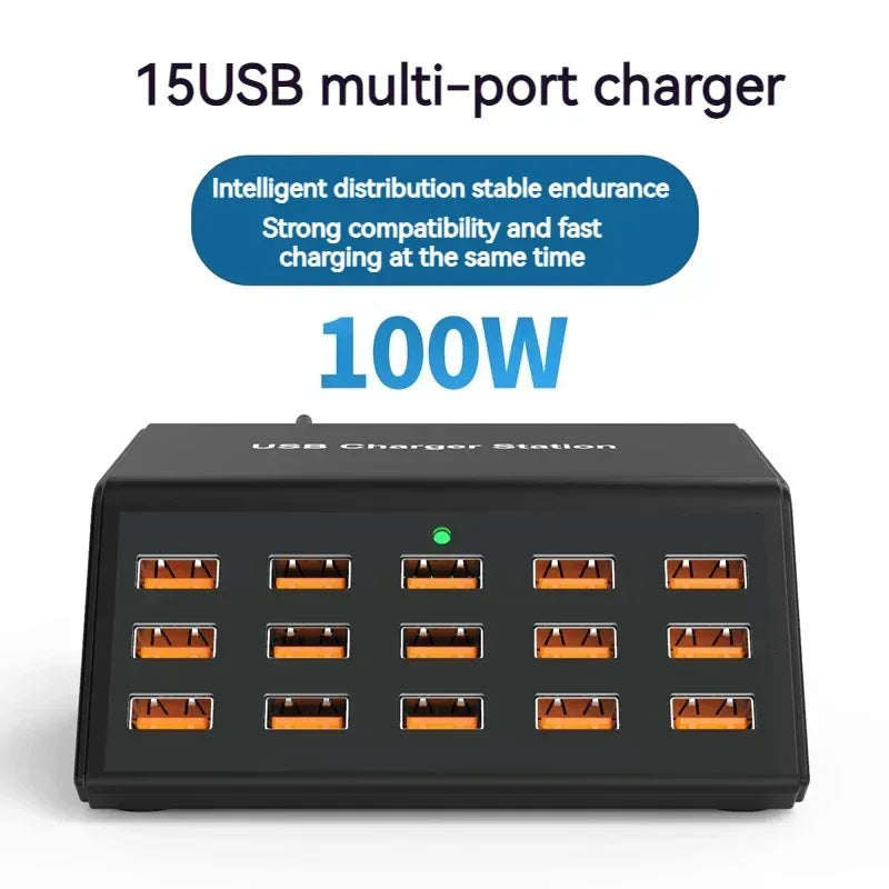 100W Desktop Universal USB Charger 15 Ports USB Fast Charging Station For Ipad Iphone 15 14 13 12 Pro Max Samsung S24 Tablet - Urbizia