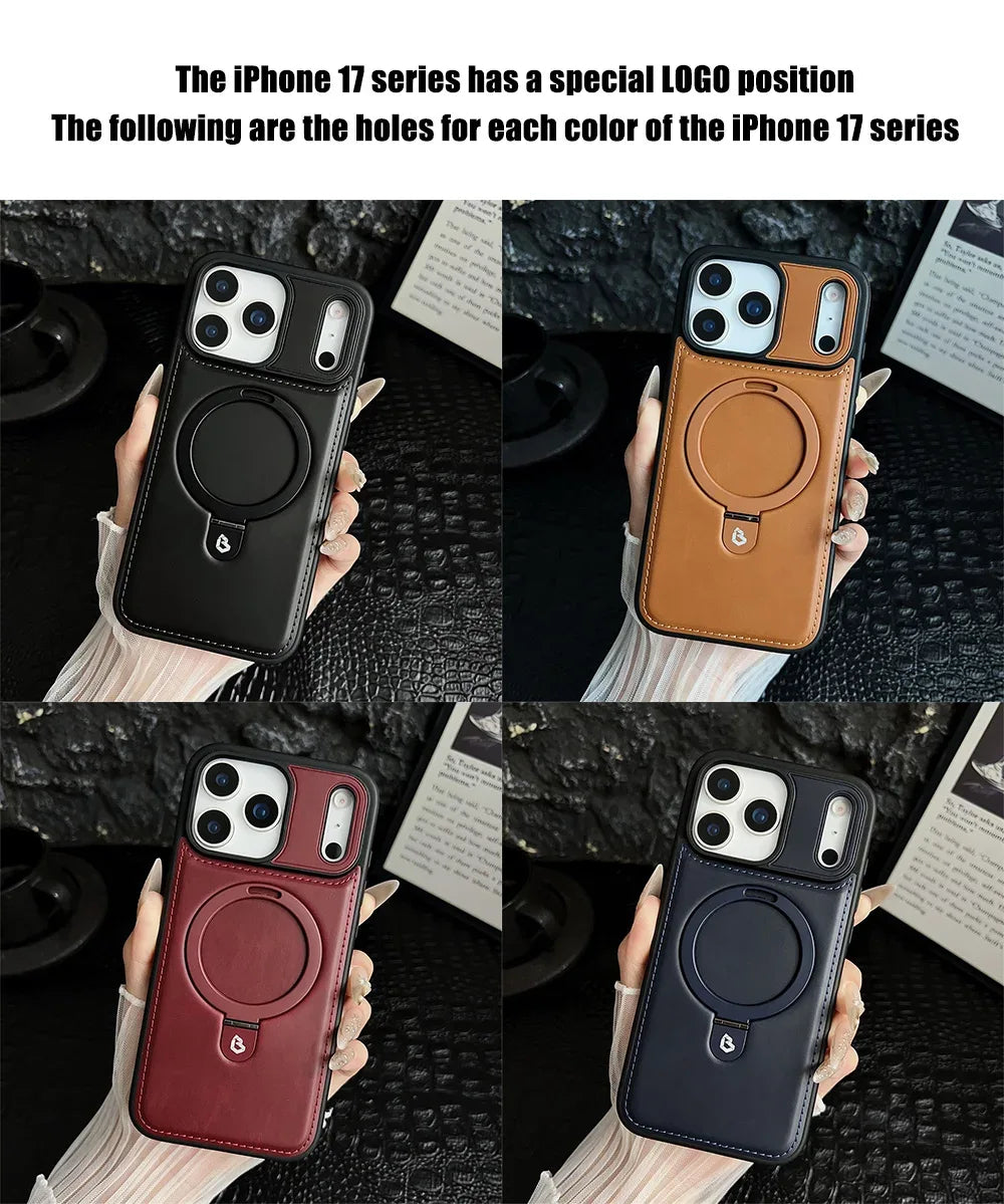Luxury Magnetic Stand Ring PU Leather Case For iPhone 17 Air 16 Pro Max 15 14 13 12 Magsafe Wireless Charging Hollow Logo Cover