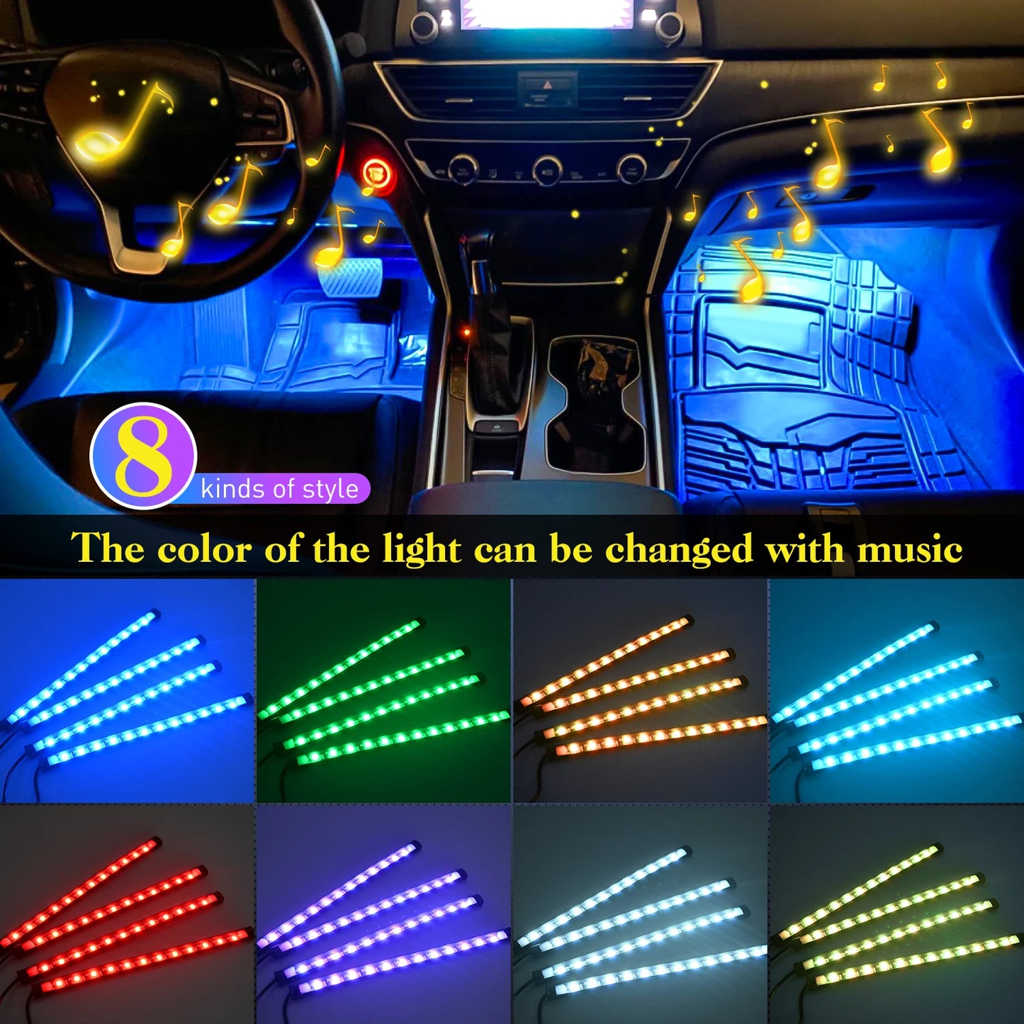 4PCS USB Interior Lights Multicolor Music Car Strip Light Under Dash Lighting Kit with Sound Active & Wireless Remote Control