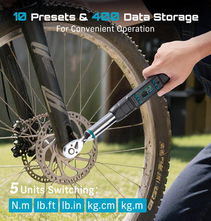 Seesii 3/8" Digital Torque Wrench 220Nm LCD Display Real-Time & Peak Modes Preset & Data Storage Dual Alarm for Bicycle Car