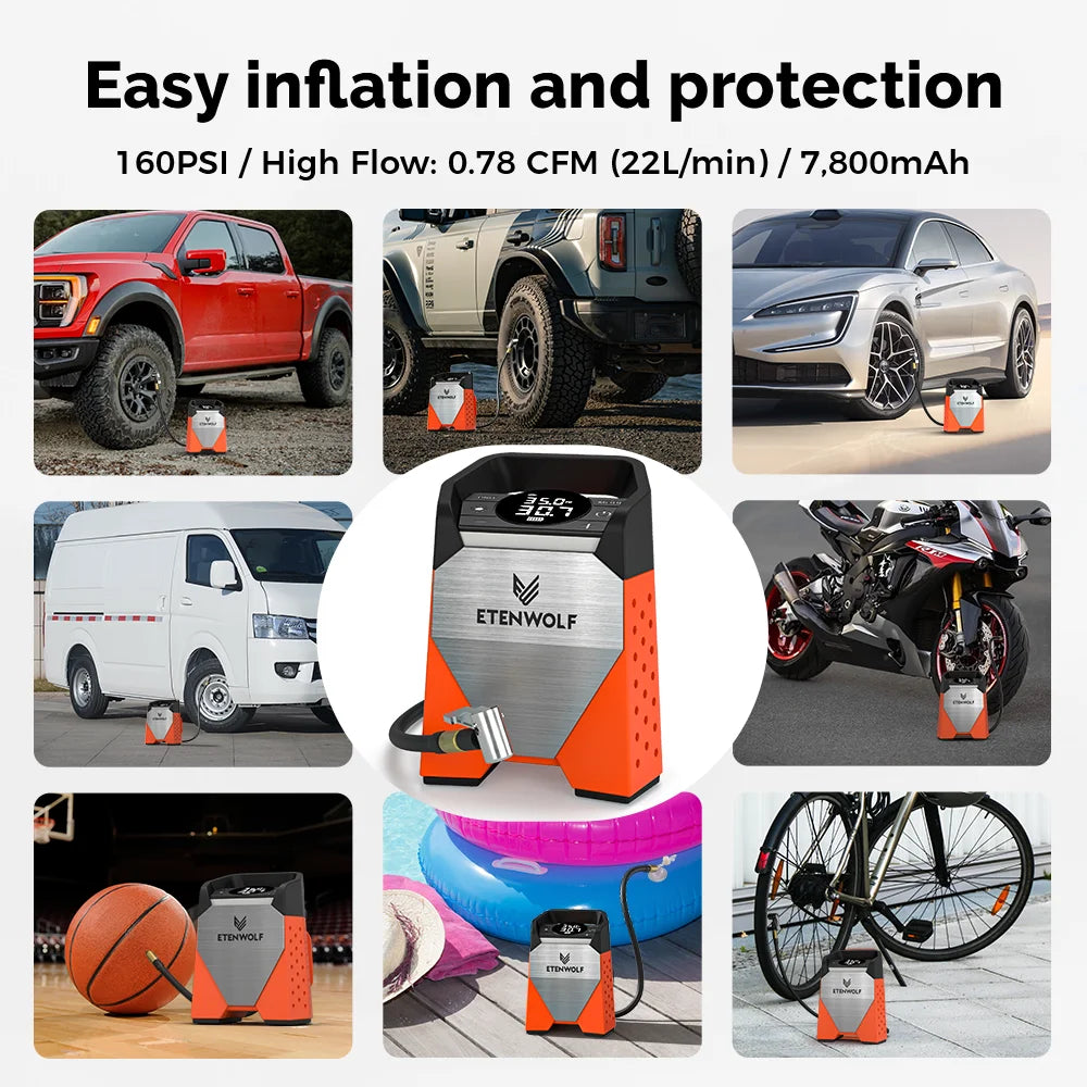 ETENWOLF ZEPHYR S3 Portable Tire Inflator 100% Duty Cycle 160 PSI Car Air Compressor 7800mAh For Cars Motorcycles Balls (New)