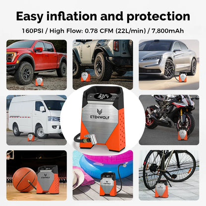 ETENWOLF ZEPHYR S3 Portable Tire Inflator 100% Duty Cycle 160 PSI Car Air Compressor 7800mAh For Cars Motorcycles Balls (New)