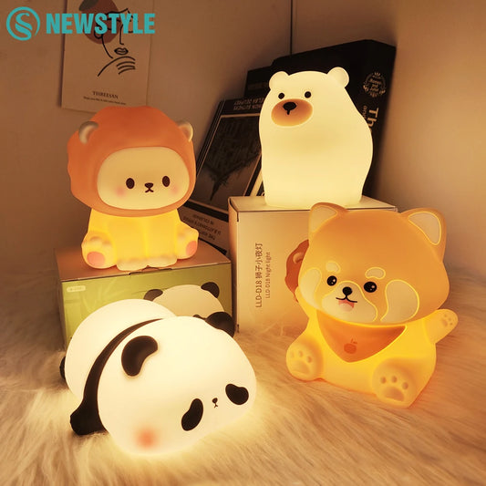 Cute Panda LED Night Lights Lion Silicone Sleeping Lamp USB Rechargeable Timing Bedside Baby Nightlights For Birthday Gift