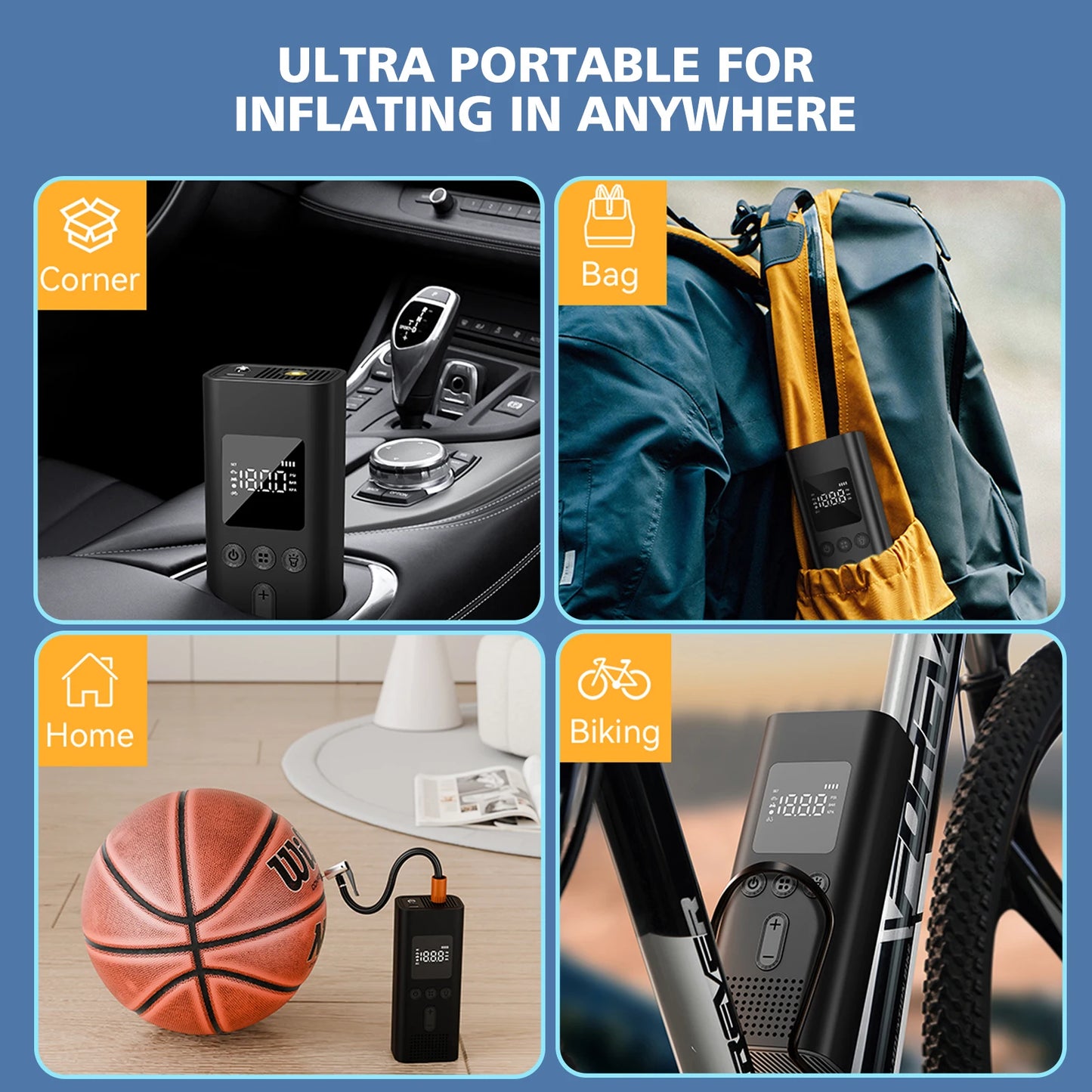 Portable Car Tire Inflator Digital Cordless Air Pump 150PSI Bike Pump  Electric Air Compressor For Car Bicycle