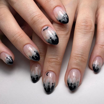 24Pcs Halloween Spider Print False Nails – Gothic Short Round Press-on Nail Tips for Women