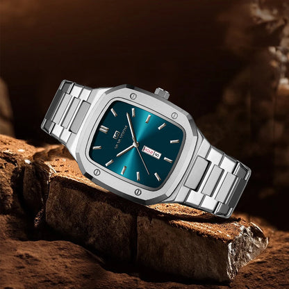 2024 New Men Watch Fashion Square Stainless Steel Strap Blue Gold 3Bar Quartz Week Calendar Simulated Business Sports WristWatch
