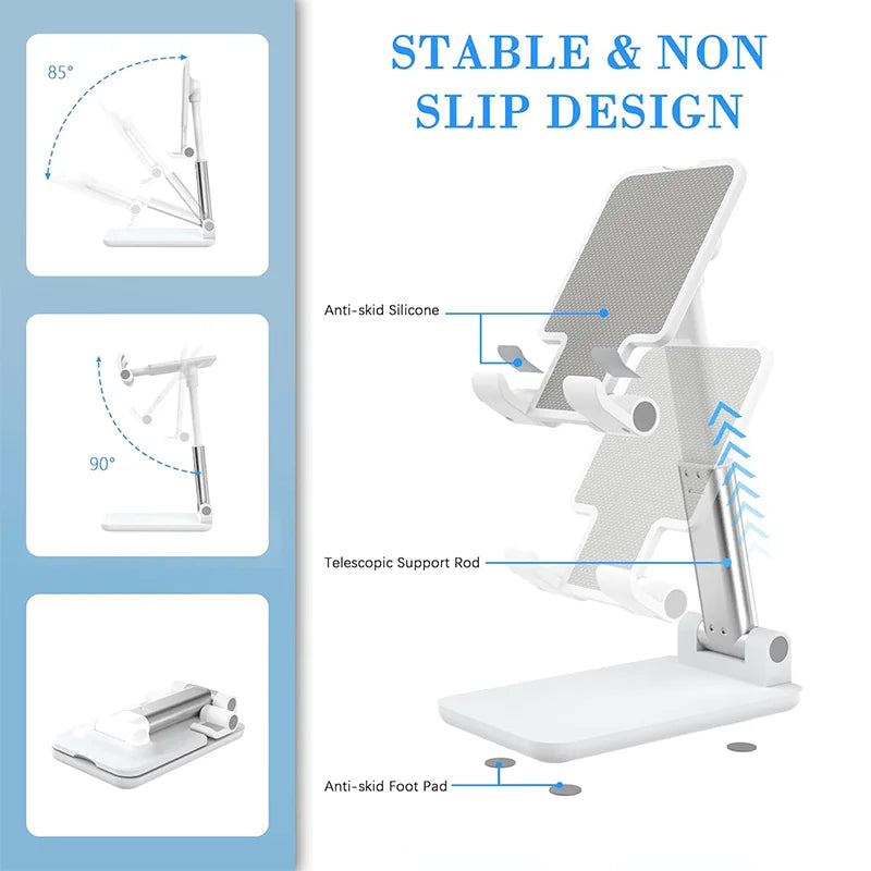 Cell Phone Stand Adjustable Angle and Height Cell Phone Holder for Desk Foldable Portable Pad Compatible with All Mobile Phones