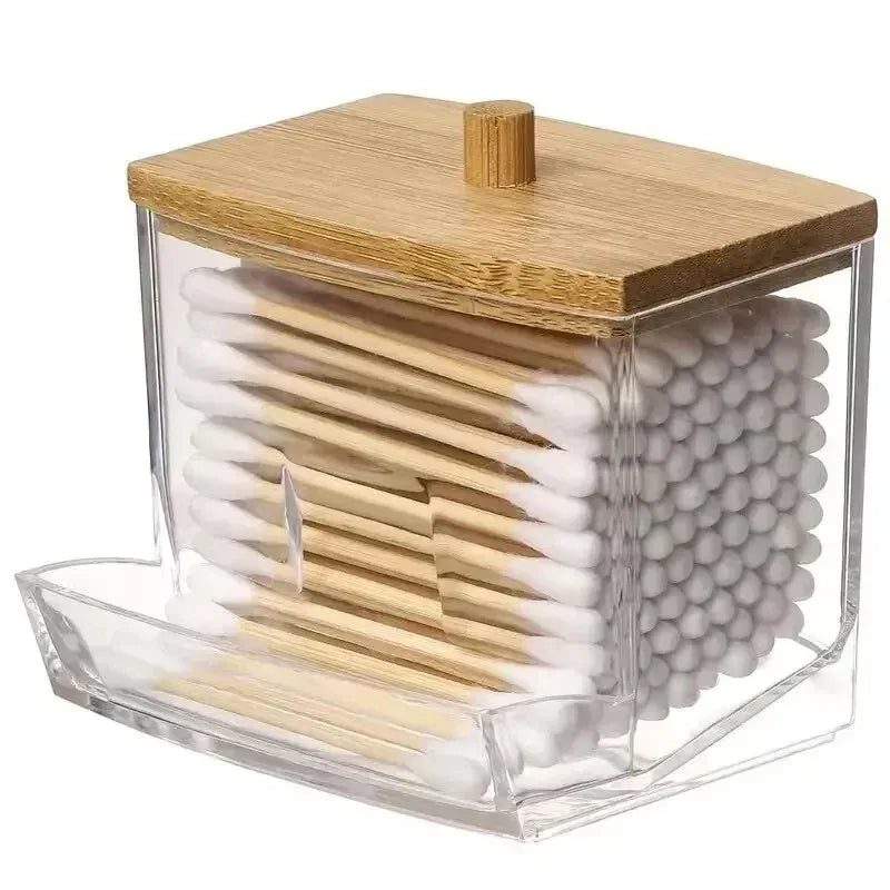 Transparent Cotton Swab Storage Box with Bamboo Lid