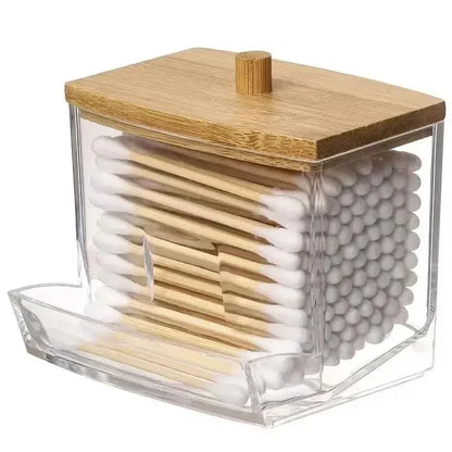Transparent Cotton Swab Storage Box with Bamboo Lid