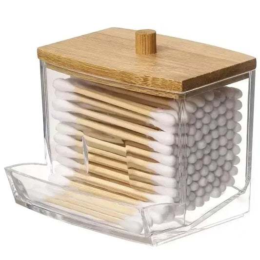 Transparent Cotton Swab Storage Box with Bamboo Lid