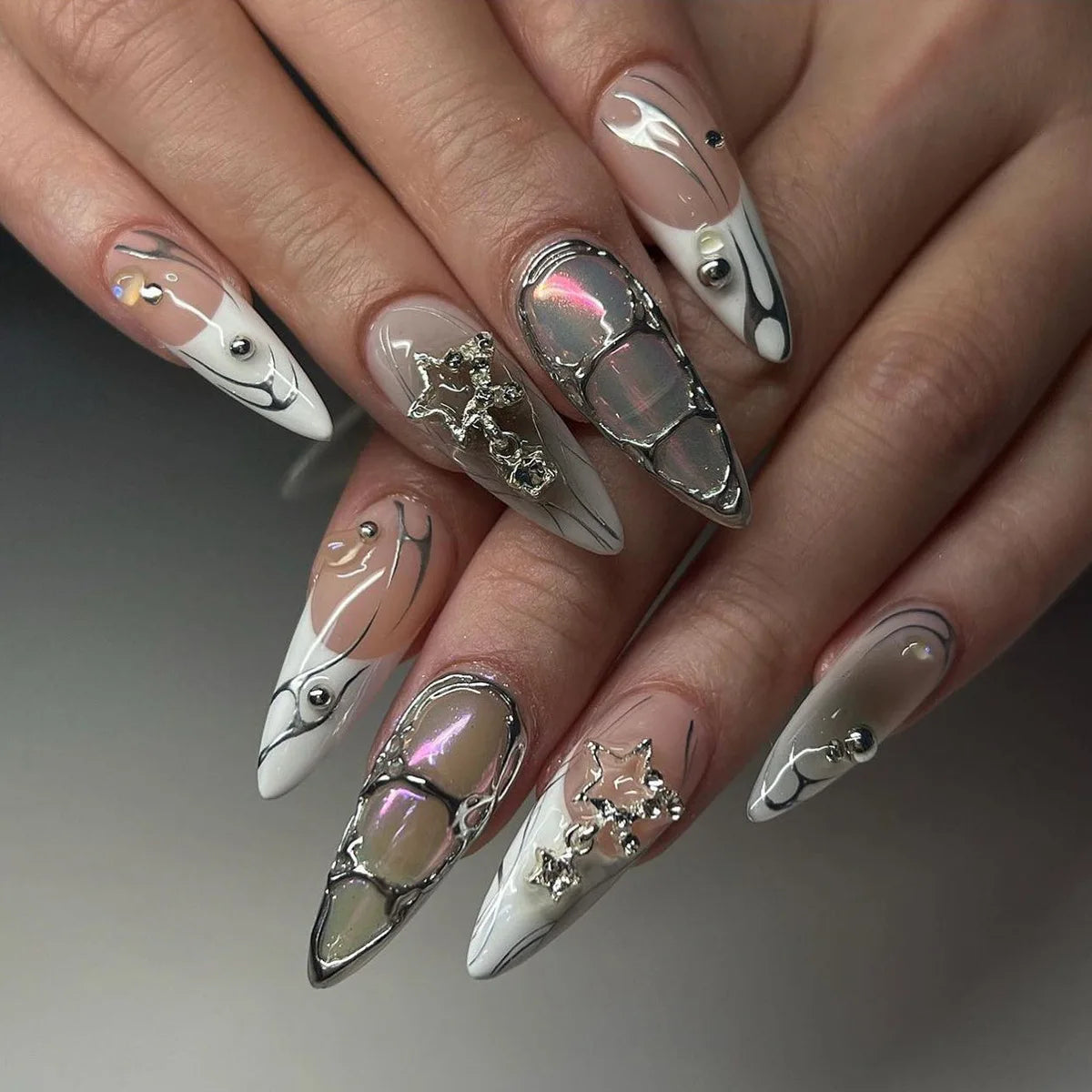 24Pcs Black Y2K Fake Nails with Diamond – Long Almond Butterfly Design Halloween Press-on Nails