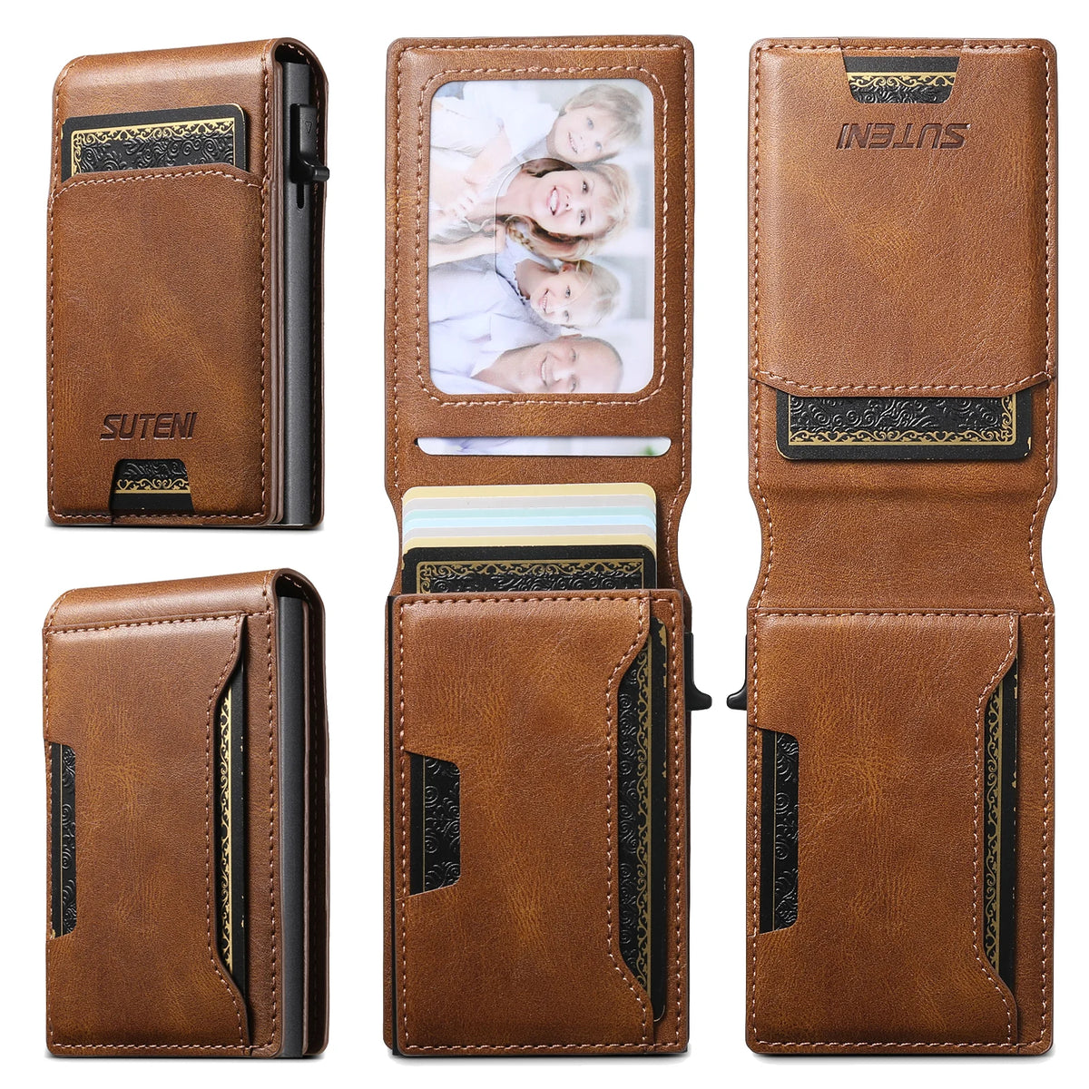SUTENI PU Leather For Men Wallet Card Slot Wallet Flip Cover Card Box Pressing The Button Automatically Ejects The Card